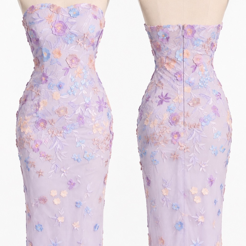 Fashion Nova Lavender Strapless Floral Appliqué Sheath Dress